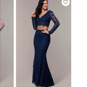 Two piece long sleeve lace prom dress